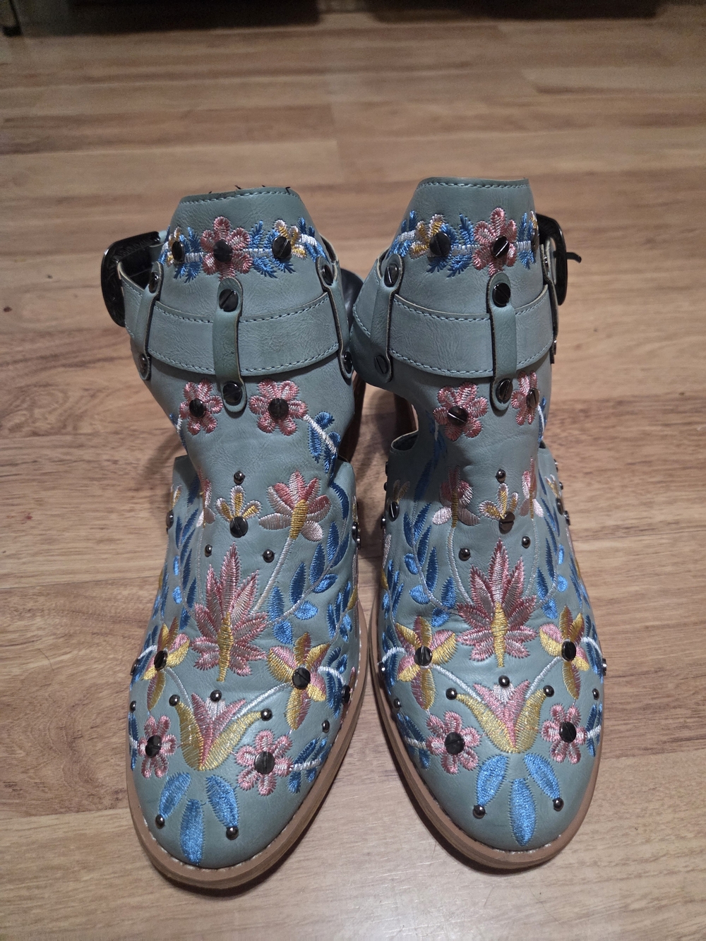 Embroidered Floral Ankle Boots in Light Teal - Picture 1 of 5